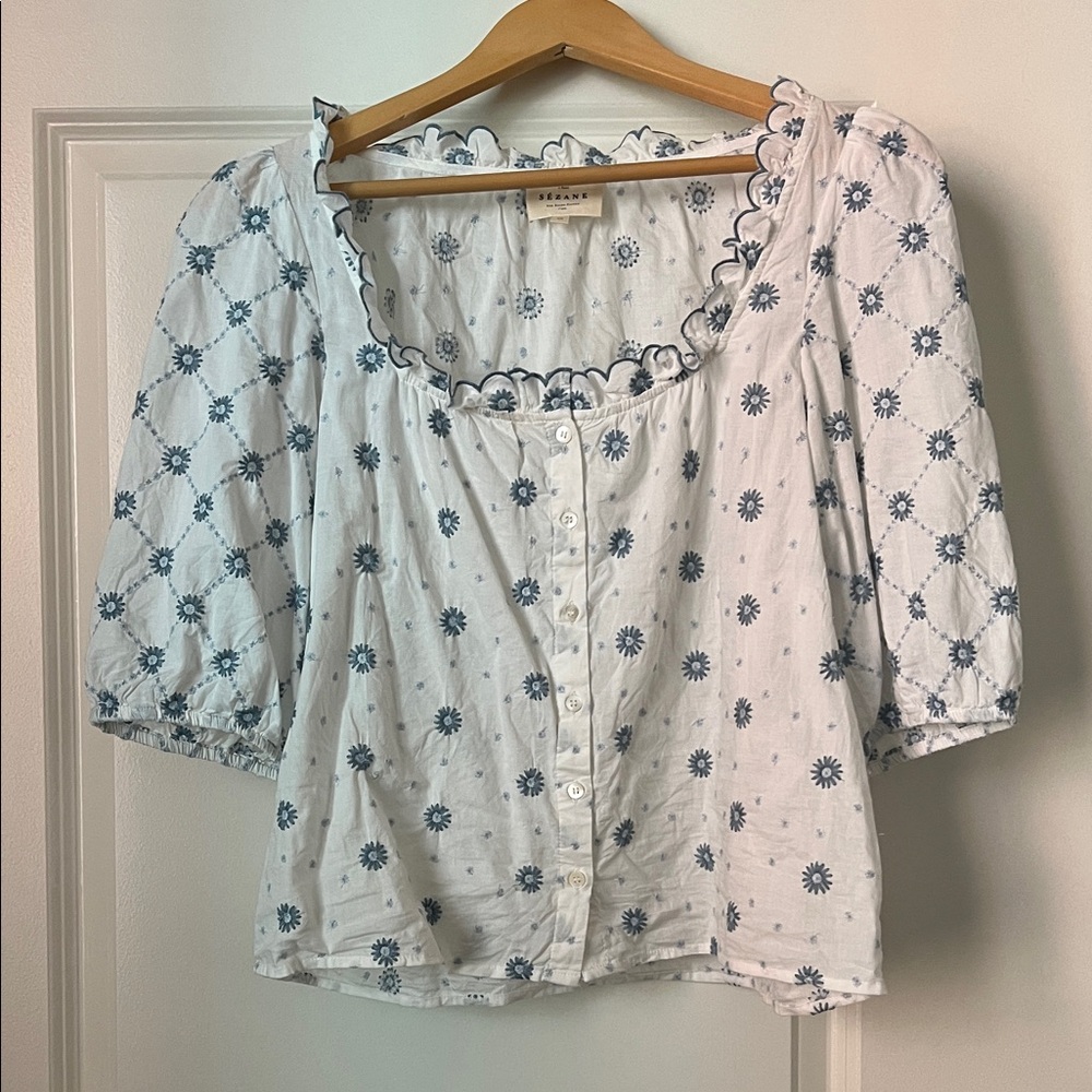 Sezane White Blouse with Blue Floral Design